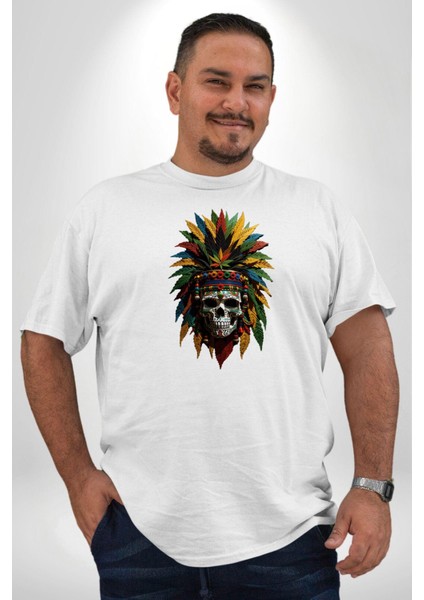 Kurukafa Iskelet Kızılderili Tüy Kartal Şefi Beyaz Büyük Beden Kadın Erkek Ünisex Basic Ön Baskılı Tişört modelleri