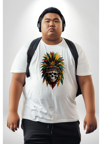 Kurukafa Iskelet Kızılderili Tüy Kartal Şefi Beyaz Büyük Beden Kadın Erkek Ünisex Basic Ön Baskılı Tişört fırsatları