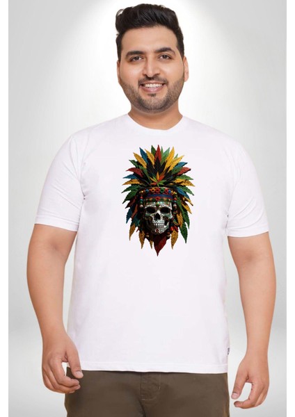 Kurukafa Iskelet Kızılderili Tüy Kartal Şefi Beyaz Büyük Beden Kadın Erkek Ünisex Basic Ön Baskılı Tişört indirimleri
