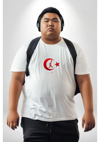 Ay Yıldız Beyaz Kemal Atatürk Imza Beyaz Büyük Beden Kadın Erkek Ünisex Basic Ön Baskılı Tişört indirimleri