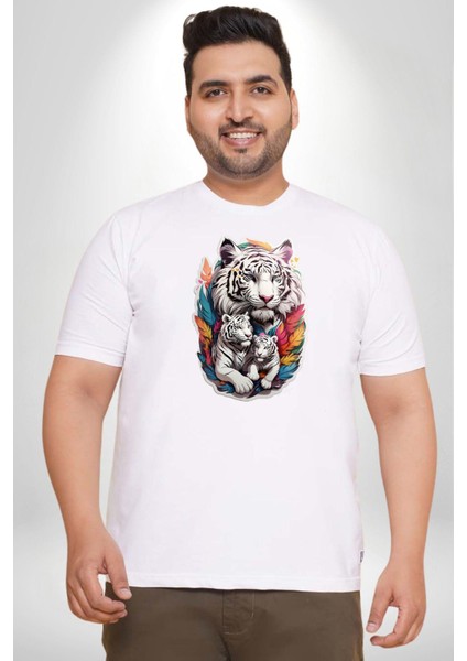 Beyaz Kaplan Ailesi Renkli Tüyler Beyaz Büyük Beden Kadın Erkek Ünisex Basic Ön Baskılı Tişört