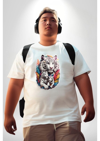 Beyaz Kaplan Ailesi Renkli Tüyler Beyaz Büyük Beden Kadın Erkek Ünisex Basic Ön Baskılı Tişört fiyatları