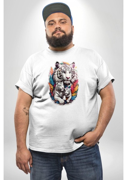 Beyaz Kaplan Ailesi Renkli Tüyler Beyaz Büyük Beden Kadın Erkek Ünisex Basic Ön Baskılı Tişört modelleri