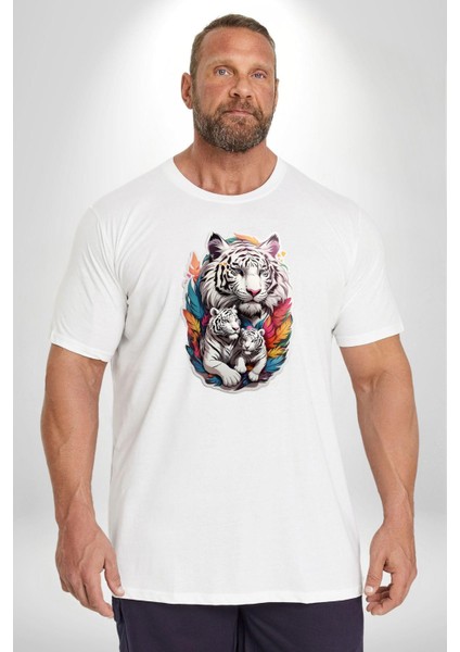 Beyaz Kaplan Ailesi Renkli Tüyler Beyaz Büyük Beden Kadın Erkek Ünisex Basic Ön Baskılı Tişört fırsatları