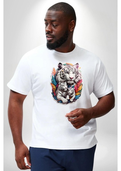 Beyaz Kaplan Ailesi Renkli Tüyler Beyaz Büyük Beden Kadın Erkek Ünisex Basic Ön Baskılı Tişört indirimleri