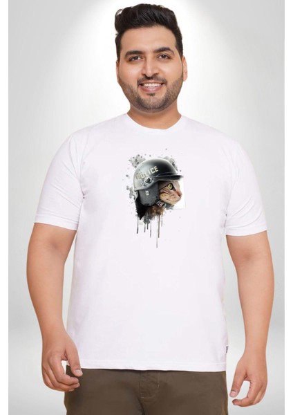 Kaket Polis Kedi Beyaz Büyük Beden Kadın Erkek Ünisex Basic Ön Baskılı Tişört fiyatları