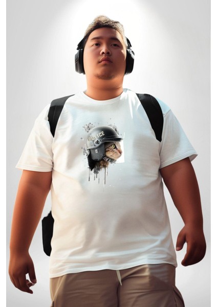 Kaket Polis Kedi Beyaz Büyük Beden Kadın Erkek Ünisex Basic Ön Baskılı Tişört modelleri