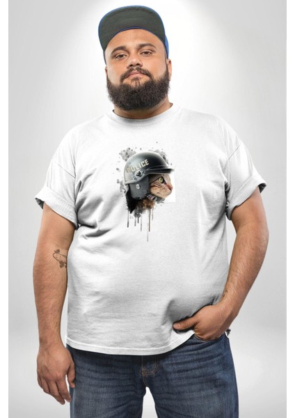 Kaket Polis Kedi Beyaz Büyük Beden Kadın Erkek Ünisex Basic Ön Baskılı Tişört fırsatları