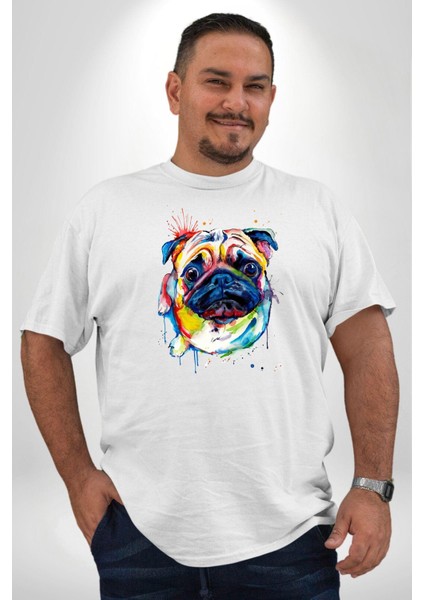 Sulu Boya Pug Köpek Beyaz Büyük Beden Kadın Erkek Ünisex Basic Ön Baskılı Tişört fiyatları