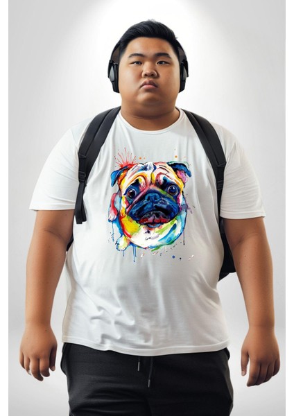 Sulu Boya Pug Köpek Beyaz Büyük Beden Kadın Erkek Ünisex Basic Ön Baskılı Tişört modelleri