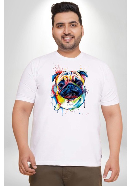 Sulu Boya Pug Köpek Beyaz Büyük Beden Kadın Erkek Ünisex Basic Ön Baskılı Tişört fırsatları