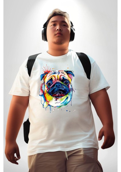 Sulu Boya Pug Köpek Beyaz Büyük Beden Kadın Erkek Ünisex Basic Ön Baskılı Tişört indirimleri