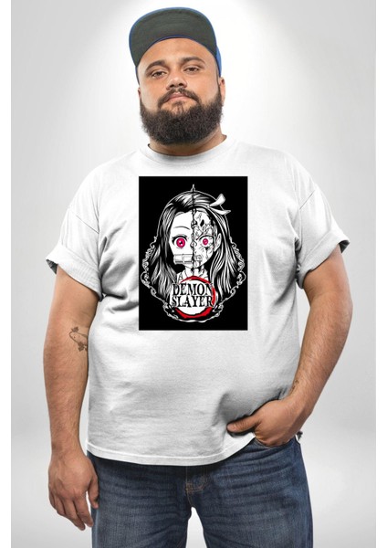 Anime Demon Slayer Beyaz Büyük Beden Kadın Erkek Ünisex Basic Ön Baskılı Tişört
