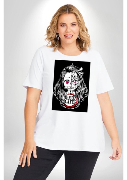 Anime Demon Slayer Beyaz Büyük Beden Kadın Erkek Ünisex Basic Ön Baskılı Tişört fırsatları