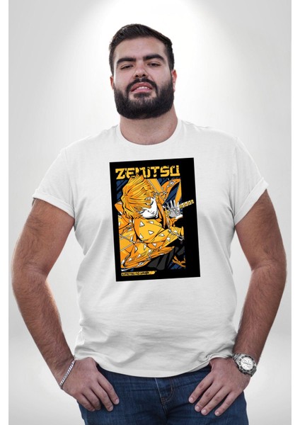 Zenitsu Agatsuma Anime Beyaz Büyük Beden Kadın Erkek Ünisex Basic Ön Baskılı Tişört