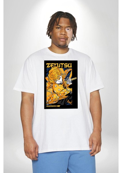 Zenitsu Agatsuma Anime Beyaz Büyük Beden Kadın Erkek Ünisex Basic Ön Baskılı Tişört fiyatları