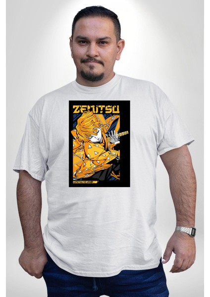 Zenitsu Agatsuma Anime Beyaz Büyük Beden Kadın Erkek Ünisex Basic Ön Baskılı Tişört modelleri