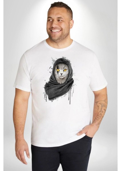 Safari Kedi Şal Eşarp Beyaz Büyük Beden Kadın Erkek Ünisex Basic Ön Baskılı Tişört