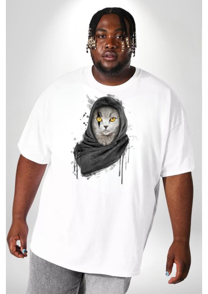 Safari Kedi Şal Eşarp Beyaz Büyük Beden Kadın Erkek Ünisex Basic Ön Baskılı Tişört fiyatları