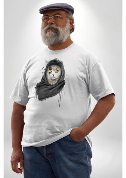 Safari Kedi Şal Eşarp Beyaz Büyük Beden Kadın Erkek Ünisex Basic Ön Baskılı Tişört modelleri