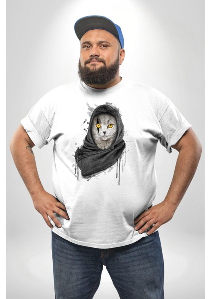 Safari Kedi Şal Eşarp Beyaz Büyük Beden Kadın Erkek Ünisex Basic Ön Baskılı Tişört fırsatları