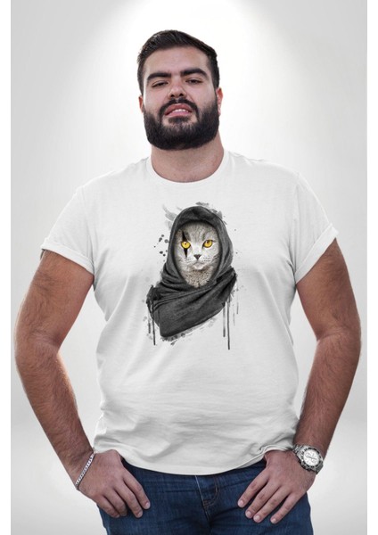 Safari Kedi Şal Eşarp Beyaz Büyük Beden Kadın Erkek Ünisex Basic Ön Baskılı Tişört indirimleri