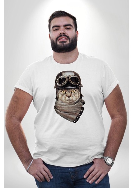 Kasket Bandana Motorcu Kedi Beyaz Büyük Beden Kadın Erkek Ünisex Basic Ön Baskılı Tişört