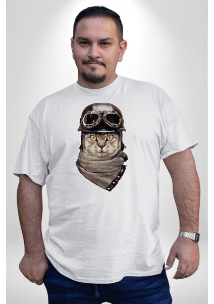 Kasket Bandana Motorcu Kedi Beyaz Büyük Beden Kadın Erkek Ünisex Basic Ön Baskılı Tişört modelleri