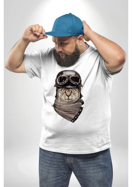 Kasket Bandana Motorcu Kedi Beyaz Büyük Beden Kadın Erkek Ünisex Basic Ön Baskılı Tişört fırsatları