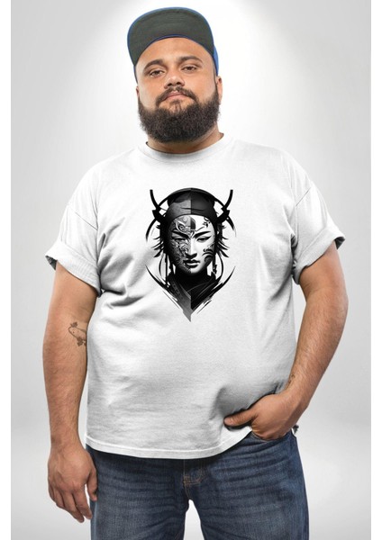 Asyalı Samuray Beyaz Beyaz Dövmeli Çift Yüz Beyaz Büyük Beden Kadın Erkek Ünisex Basic Ön Baskılı Tişört