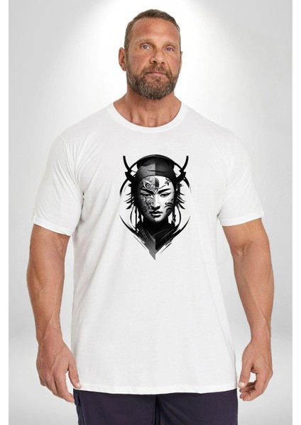 Asyalı Samuray Beyaz Beyaz Dövmeli Çift Yüz Beyaz Büyük Beden Kadın Erkek Ünisex Basic Ön Baskılı Tişört fiyatları