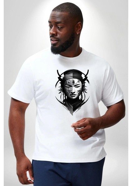 Asyalı Samuray Beyaz Beyaz Dövmeli Çift Yüz Beyaz Büyük Beden Kadın Erkek Ünisex Basic Ön Baskılı Tişört modelleri