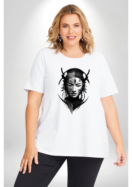 Asyalı Samuray Beyaz Beyaz Dövmeli Çift Yüz Beyaz Büyük Beden Kadın Erkek Ünisex Basic Ön Baskılı Tişört fırsatları