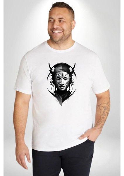 Asyalı Samuray Beyaz Beyaz Dövmeli Çift Yüz Beyaz Büyük Beden Kadın Erkek Ünisex Basic Ön Baskılı Tişört indirimleri