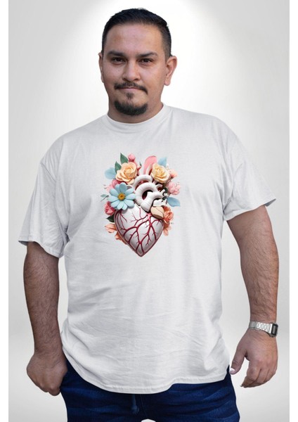 Porselen Çiçek Kalp Beyaz Büyük Beden Kadın Erkek Ünisex Basic Ön Baskılı Tişört fiyatları