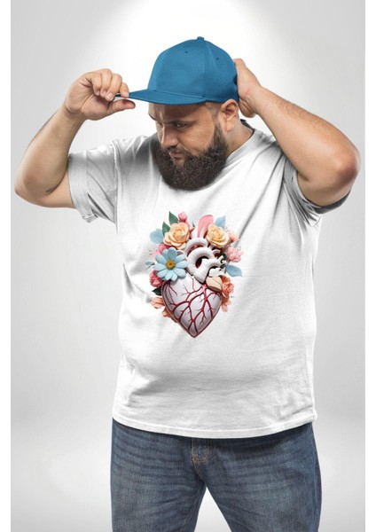 Porselen Çiçek Kalp Beyaz Büyük Beden Kadın Erkek Ünisex Basic Ön Baskılı Tişört modelleri