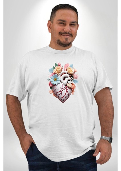 Porselen Çiçek Kalp Beyaz Büyük Beden Kadın Erkek Ünisex Basic Ön Baskılı Tişört fırsatları