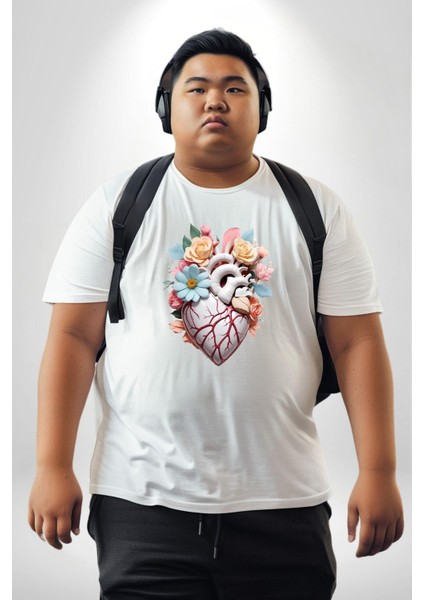 Porselen Çiçek Kalp Beyaz Büyük Beden Kadın Erkek Ünisex Basic Ön Baskılı Tişört indirimleri