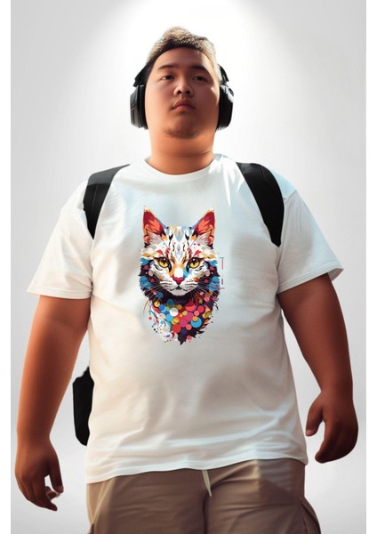 Renki Kedi Sarı Gözlü Tekir Beyaz Büyük Beden Kadın Erkek Ünisex Basic Ön Baskılı Tişört