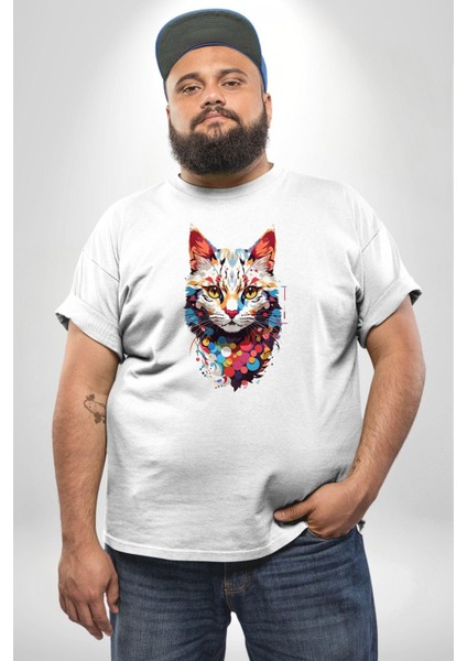Renki Kedi Sarı Gözlü Tekir Beyaz Büyük Beden Kadın Erkek Ünisex Basic Ön Baskılı Tişört fiyatları