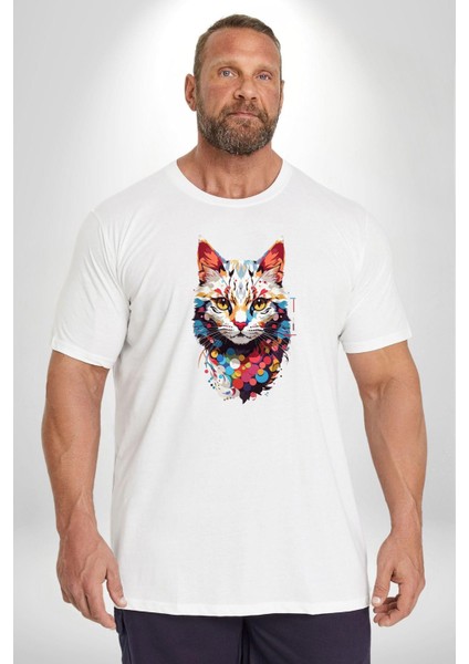 Renki Kedi Sarı Gözlü Tekir Beyaz Büyük Beden Kadın Erkek Ünisex Basic Ön Baskılı Tişört modelleri