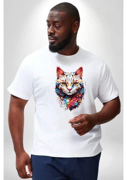 Renki Kedi Sarı Gözlü Tekir Beyaz Büyük Beden Kadın Erkek Ünisex Basic Ön Baskılı Tişört fırsatları