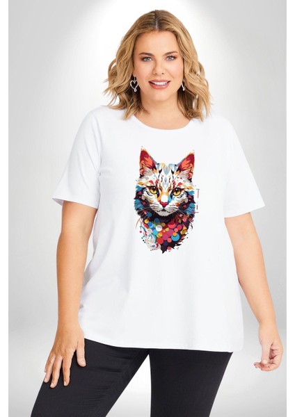 Renki Kedi Sarı Gözlü Tekir Beyaz Büyük Beden Kadın Erkek Ünisex Basic Ön Baskılı Tişört indirimleri