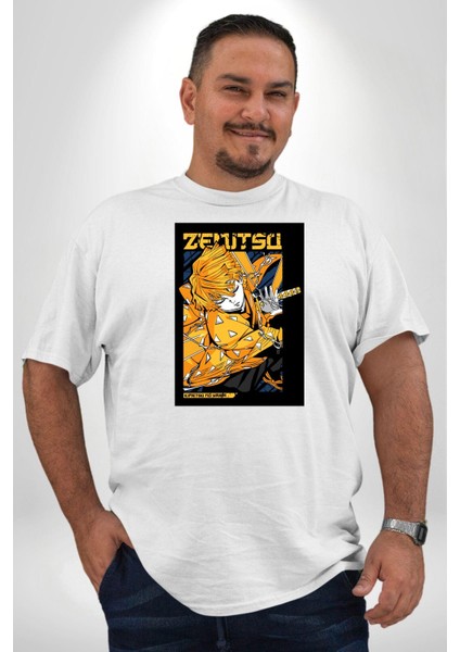 Zenitsu Agatsuma Anime Beyaz Büyük Beden Kadın Erkek Ünisex Basic Ön Baskılı Tişört indirimleri