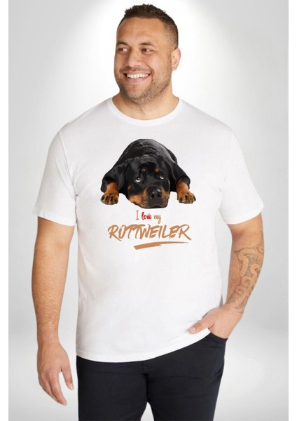 Rottweiler Sevgisi Beyaz Büyük Beden Kadın Erkek Ünisex Basic Ön Baskılı Tişört