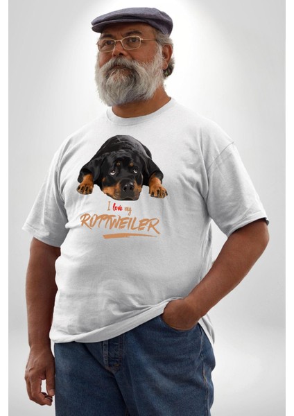 Rottweiler Sevgisi Beyaz Büyük Beden Kadın Erkek Ünisex Basic Ön Baskılı Tişört modelleri