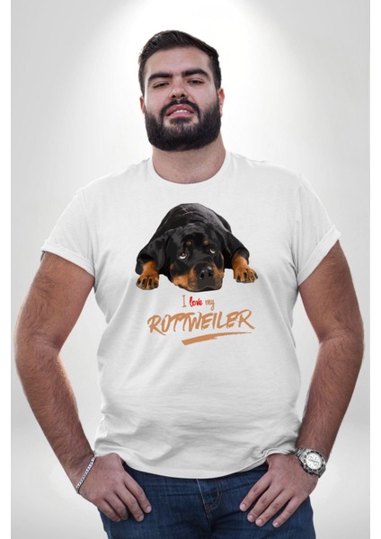 Rottweiler Sevgisi Beyaz Büyük Beden Kadın Erkek Ünisex Basic Ön Baskılı Tişört indirimleri