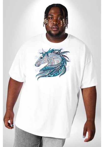 At Mandala Kafası Beyaz Büyük Beden Kadın Erkek Ünisex Basic Ön Baskılı Tişört