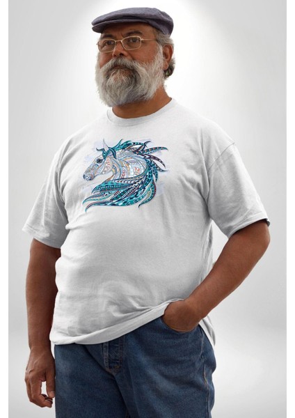 At Mandala Kafası Beyaz Büyük Beden Kadın Erkek Ünisex Basic Ön Baskılı Tişört fiyatları