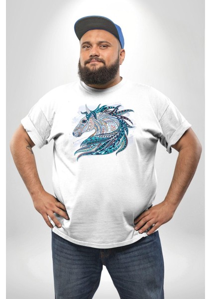 At Mandala Kafası Beyaz Büyük Beden Kadın Erkek Ünisex Basic Ön Baskılı Tişört modelleri